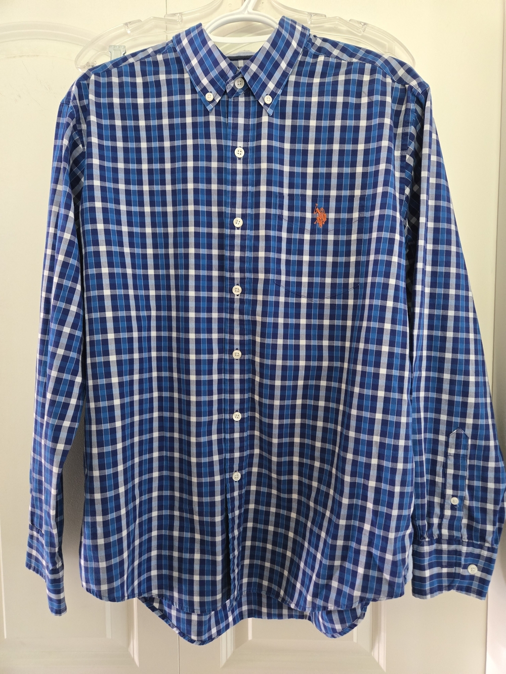 U.S. Polo Assn. Blue and White Plaid Button-Down Shirt with Orange Logo